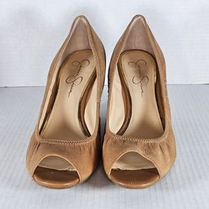 Jessica‎ Simpson Tan Leather Slip On Peep Toe Stacked Wedge Heel Size 10